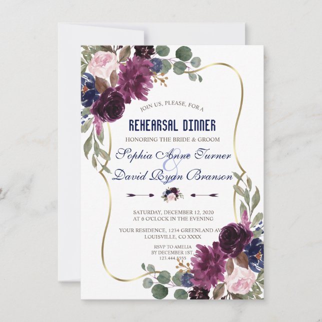 Invitation Lavender Navy Gold Floral Bloom Dîner de répétitio (Devant)