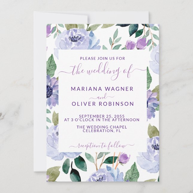 Invitation Lavender Periwinkle Floral Élégant Script (Devant)