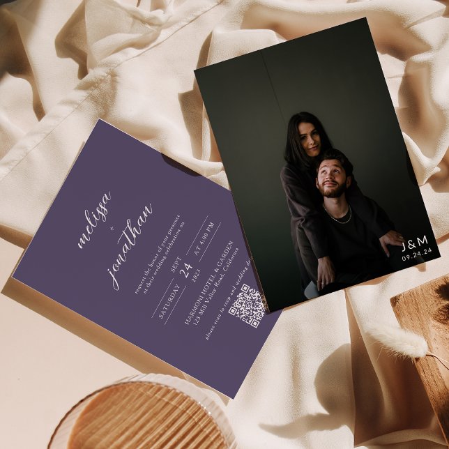 Invitation Lavender Photo Script Monogramme QR Code Mariage (Créateur téléchargé)