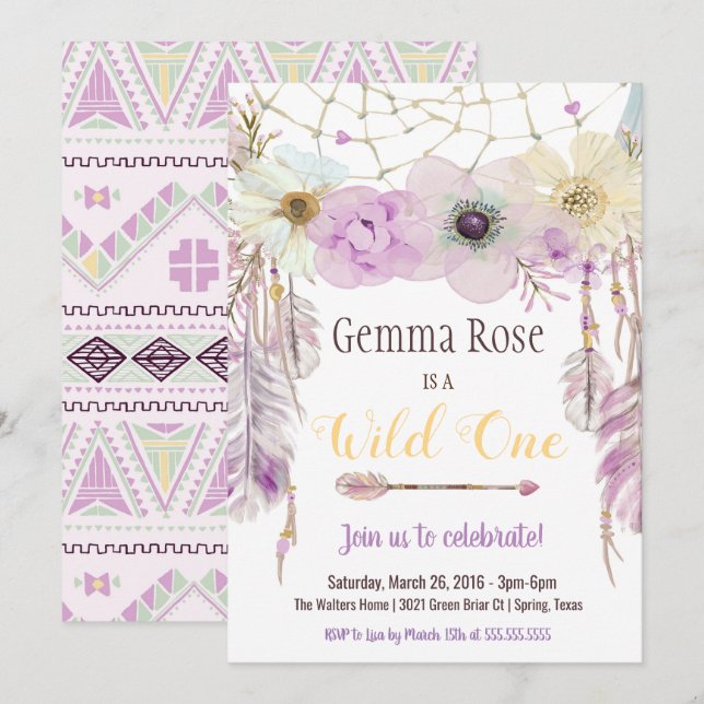 Invitation Lavender & Purple Boho Wild One First Birthday (Devant / Derrière)