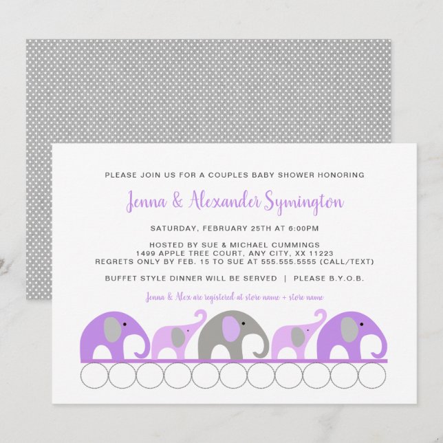 Invitation Lavender Purple Elephants Couples fille Baby showe (Devant / Derrière)