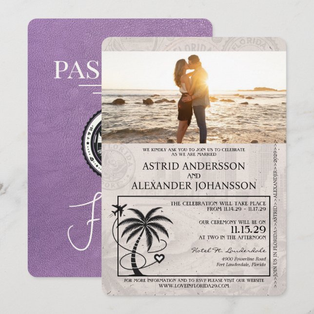 Invitation Lavender Purple Florida Mariage Passport (Devant / Derrière)