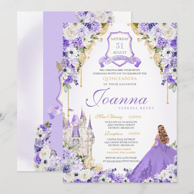 Invitation Lavender Purple Gold Royal Princess Castle Québec (Devant / Derrière)