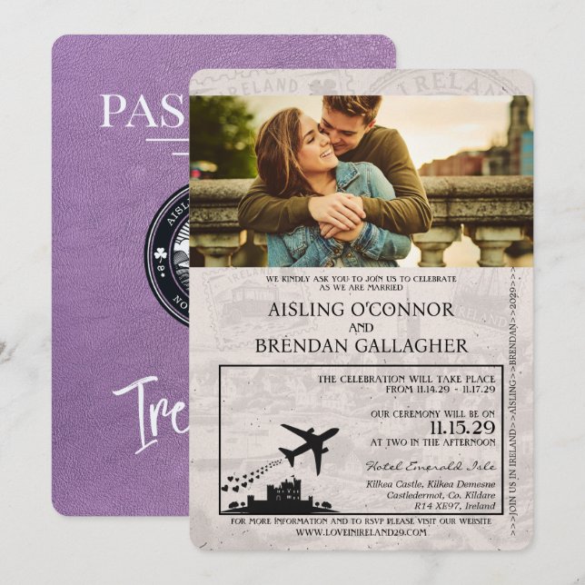 Invitation Lavender Purple Irlande Mariage de passeport (Devant / Derrière)