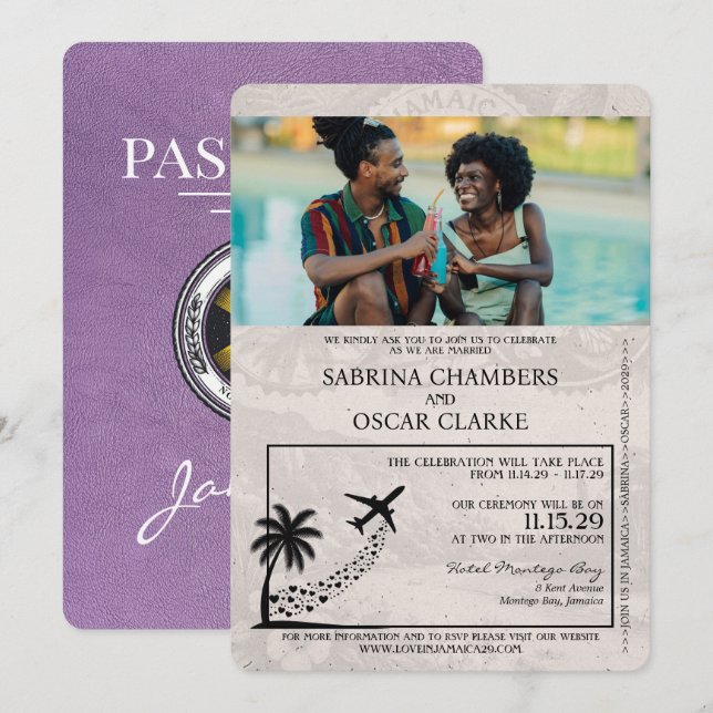 Invitation Lavender Purple Jamaïque Passport Mariage (Devant / Derrière)