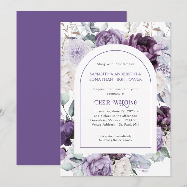 Invitation Lavender Purple Peonies Mariage frontière ovale |  (Devant / Derrière)
