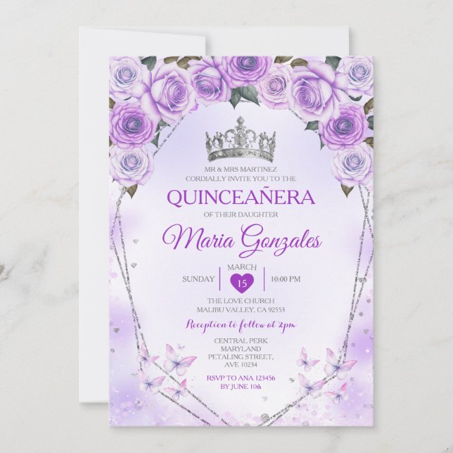 Invitation Lavender Quinceañera Crown 15 Anos Butterfly (Devant)