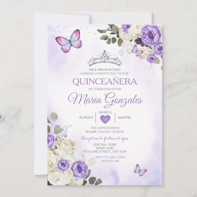 Invitation Lavender Quinceañera Crown 15 Anos Butterfly (Devant)