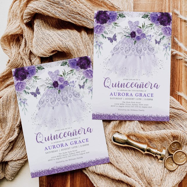 Invitation Lavender Quinceañera Princess Robe Papillons (Créateur téléchargé)