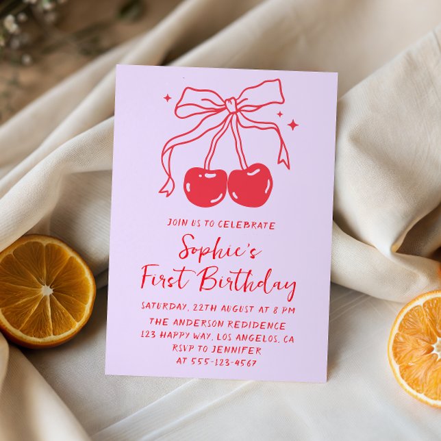 Invitation Lavender & Red Bow Cherry Fruit 1st Birthday Party (Créateur téléchargé)