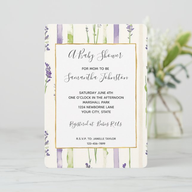 Invitation Lavender Stripes Floral Baby Shower (Debout devant)