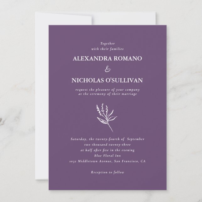 Invitation Lavender Sumple Mariage Floral moderne (Devant)