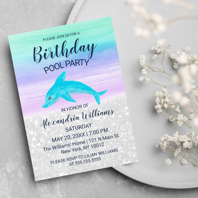 Invitation Lavender Teal White Glitter Dolphin Pool Birthday (Lavender Teal White Glitter Dolphin Pool Birthday)