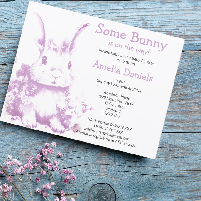 Invitation Lavender Un lapin arrive Baby shower (Some bunny is coming! supper cute baby shower invites 🐇💕🐇)