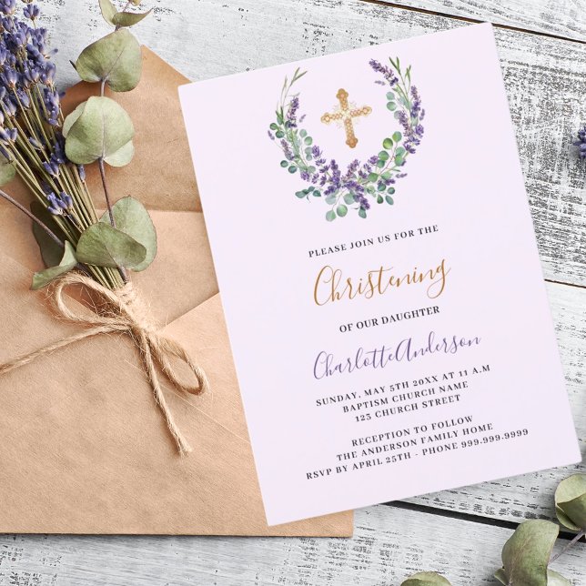 Invitation Lavender violet floral fille or croix Christine (Créateur téléchargé)