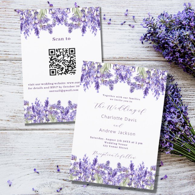 Invitation Lavender violet QR RSVP détails mariage de luxe (Créateur téléchargé)