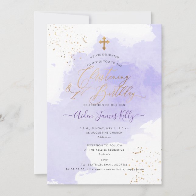 Invitation Lavender Watercolor Christening+1er anniversaire I (Devant)
