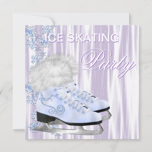 Invitation Lavender White Snowflakes Patins Ice Skates Party (Devant)