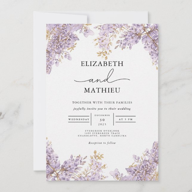 Invitation Lavender Wisteria Mariage Floral (Devant)