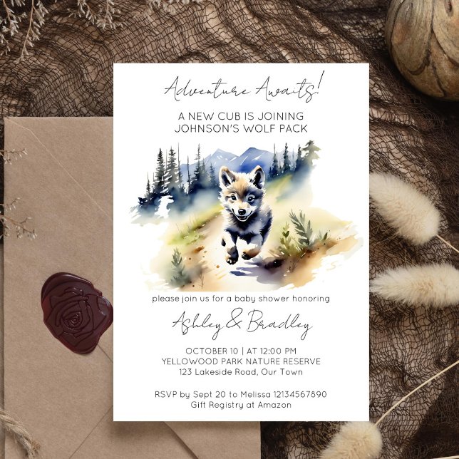 Invitation L'aventure à thème Wolf attend le baby shower (Adventure awaits wolf themed baby shower editable template invitation watercolor wolf cub wilderness)