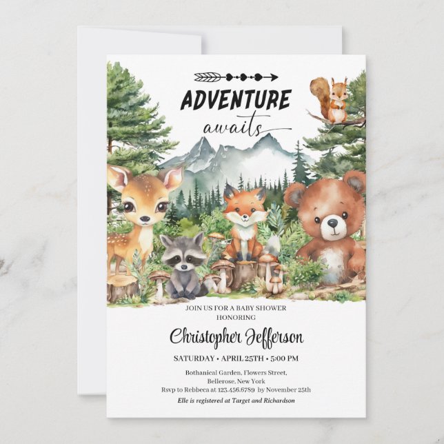 Invitation L'aventure attend Forêt Bois Animaux Douche (Devant)
