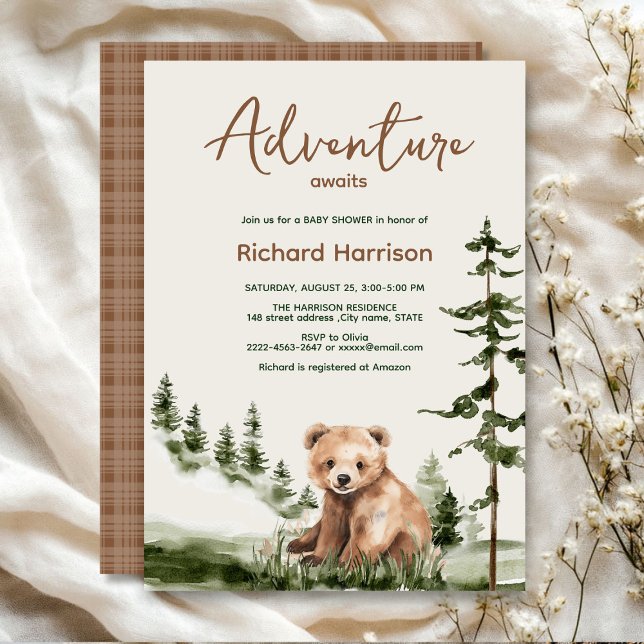 Invitation L'aventure attend le baby shower de l'ours foresti (Adventure awaits cute watercolor bear, green forest, woodland theme baby shower invitation )