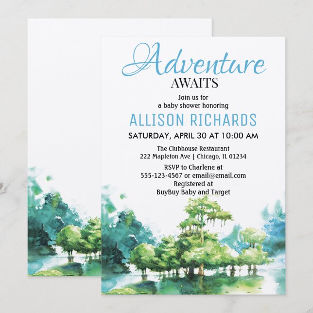 Invitation L'aventure attend le baby shower d'eau forestière (Devant / Derrière)