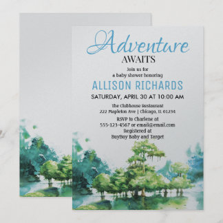 Invitation L'aventure attend le baby shower d'eau forestière