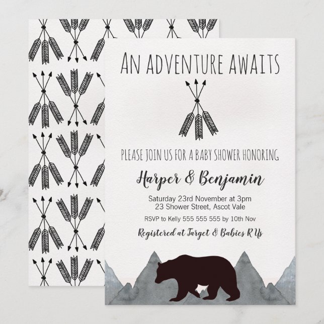 Invitation L'aventure attend l'invitation de baby shower (Devant / Derrière)