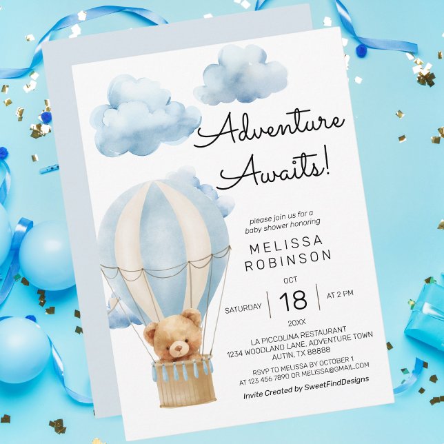 Invitation L'aventure attend l'ours en peluche bébé garçon do (Adventure awaits teddy bear baby boy shower invitation)