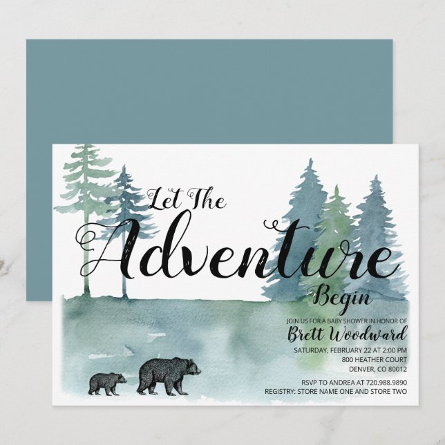 Invitation L'aventure commence aquarelle Ours Baby shower (Devant / Derrière)