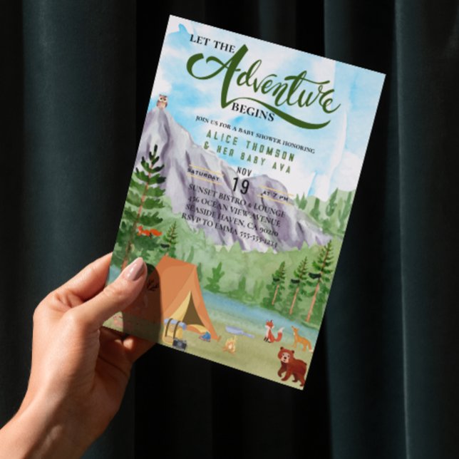 Invitation l'aventure commence le baby shower de la forêt (the adventure begins woodland baby shower forest baby boy mountain mother to be bear comping camper )