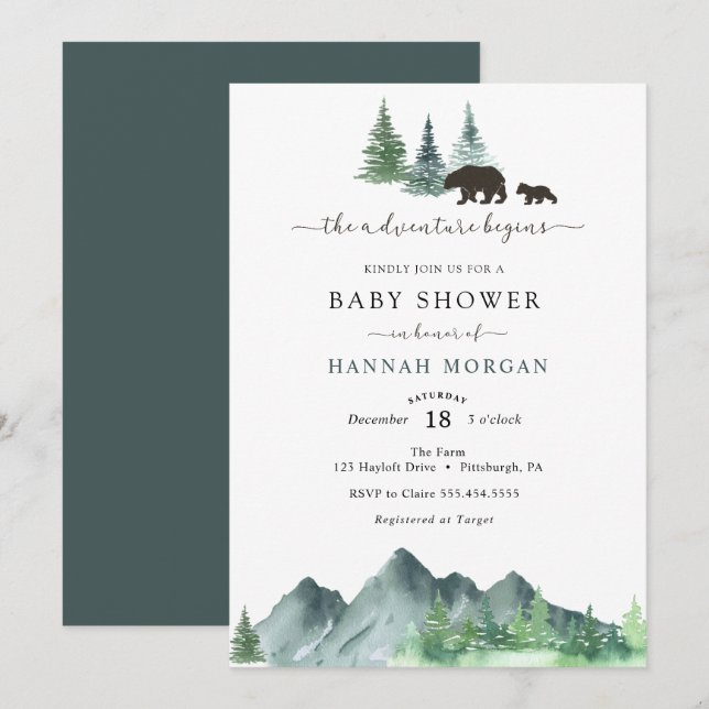 Invitation L'aventure commence le Baby shower de l'ours (Devant / Derrière)