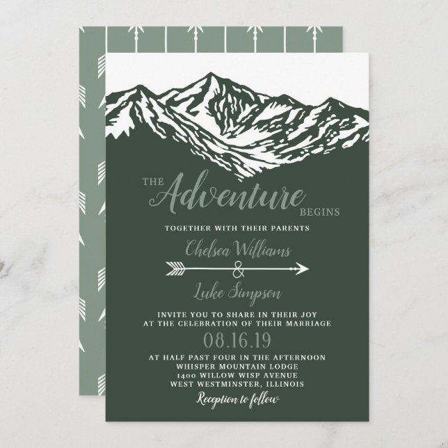 Invitation L'aventure commence Mountain Mariage Green (Devant / Derrière)