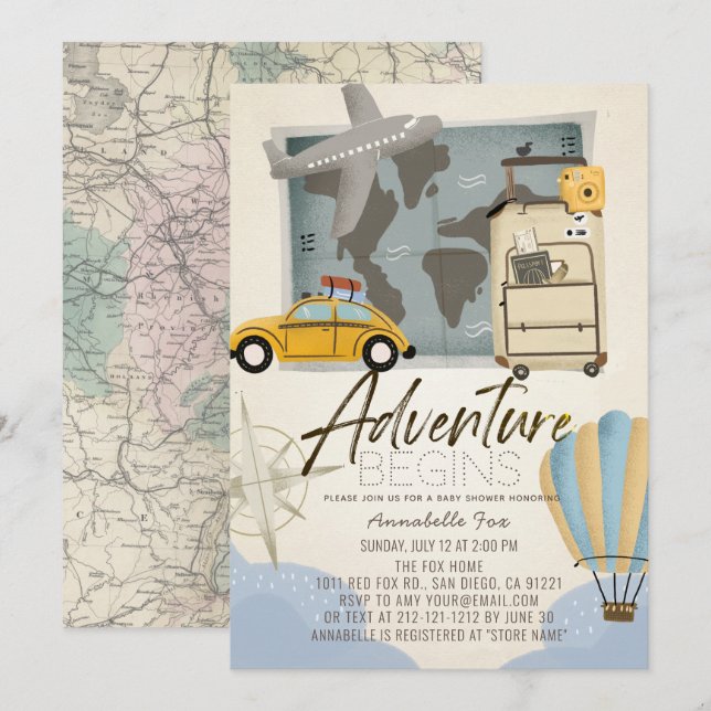 Invitation L'aventure commence Plan de voyage Baby shower (Devant / Derrière)