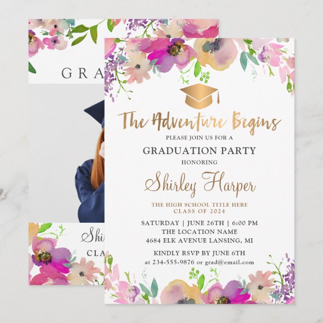 Invitation L'aventure commence rose Floral Graduation Photo (Devant / Derrière)