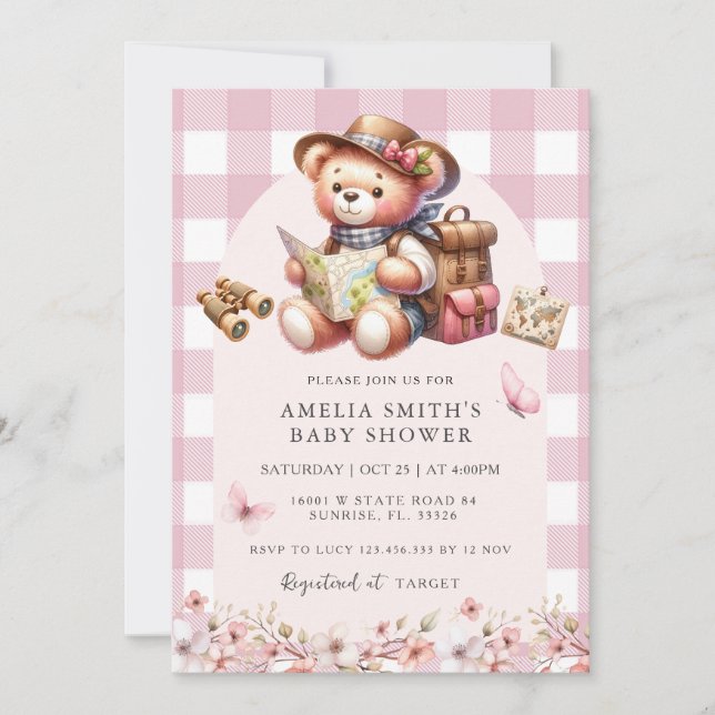 Invitation L'aventure commence rose mignon Baby shower ours (Devant)