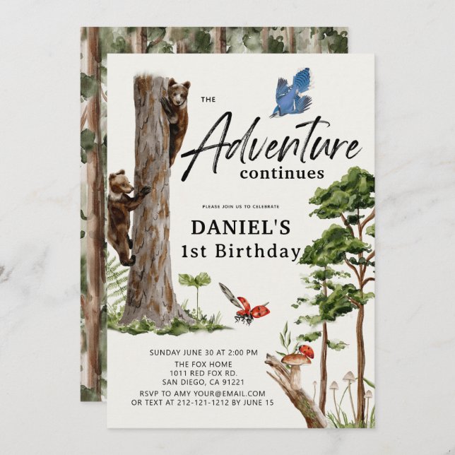 Invitation L'aventure continue Bear Forest 1er anniversaire (Devant / Derrière)