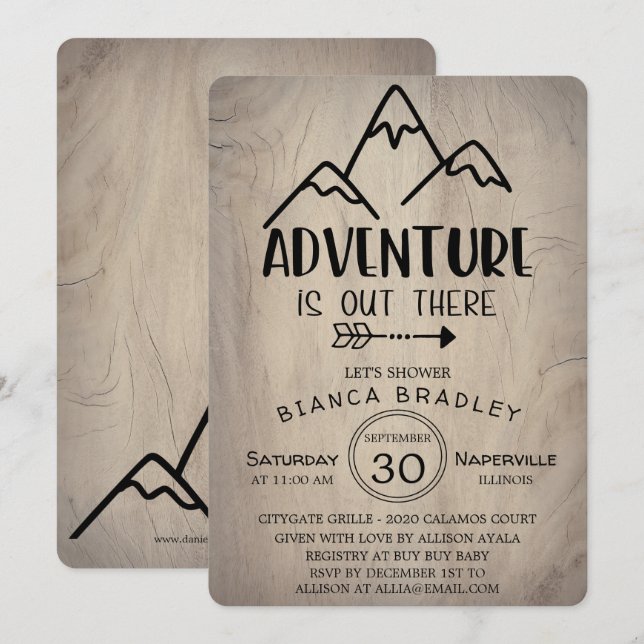 Invitation L'aventure est dehors Baby shower Wood Mountain (Devant / Derrière)