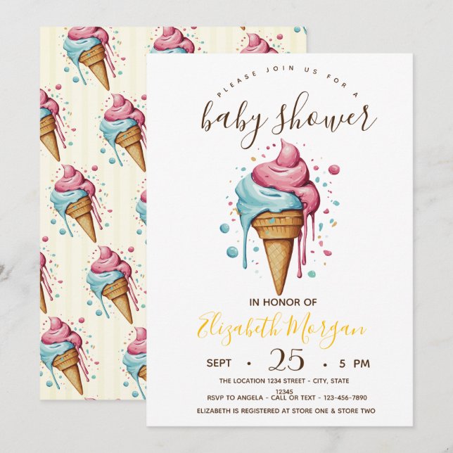 Invitation Laveuse de glaces, Baby shower de rayures jaunes (Devant / Derrière)