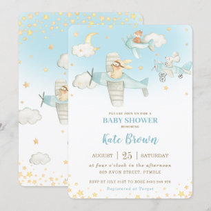 Invitation L'avion de Cute Animals étoilé Sky Baby shower Boy