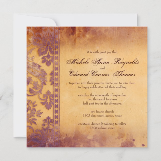 Invitation Lavish Lilac Grunge Damask Lace Mariage (Devant)
