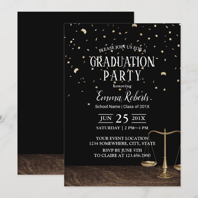 Invitation Law School Future Avocat Gold Confetti Graduation (Devant / Derrière)