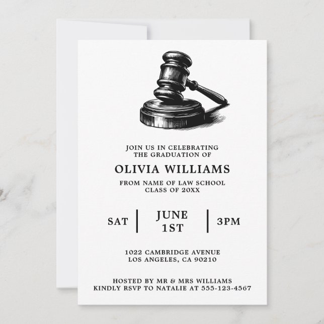 Invitation Law School Gavel Black & White Graduation Party (Devant)