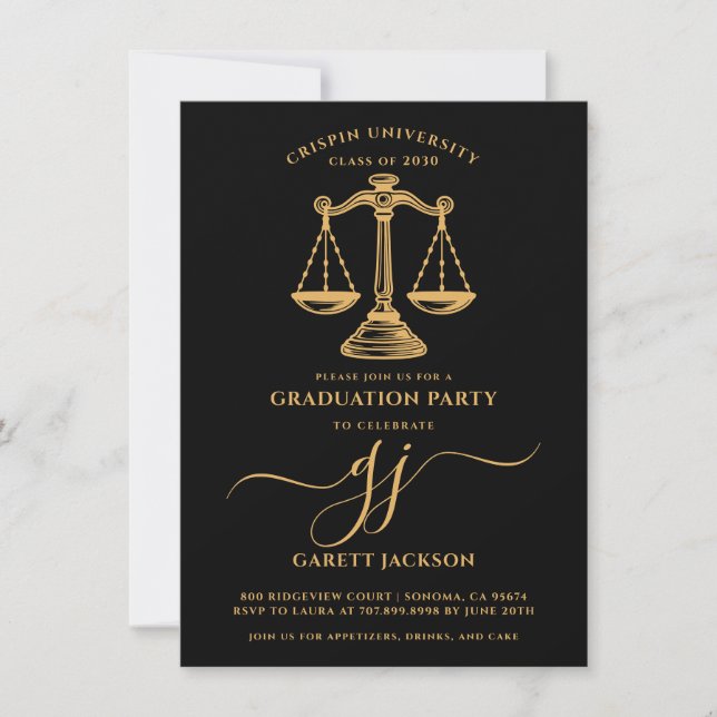 Invitation Law School Gold Script Photo Black Graduation  (Devant)