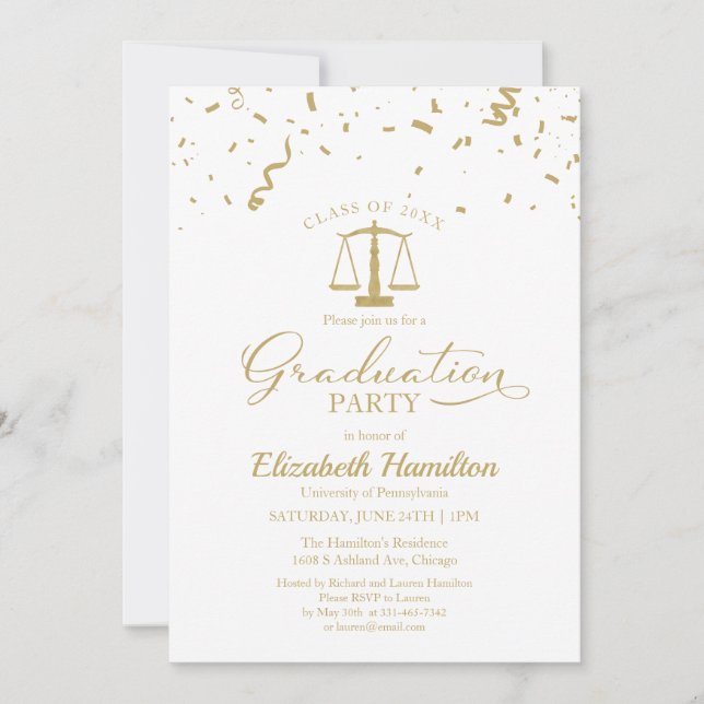 Invitation Law School Graduation Party Gold Confetti Blanc (Devant)