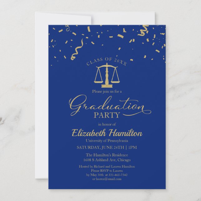 Invitation Law School Graduation Party Gold Confetti Bleu (Devant)