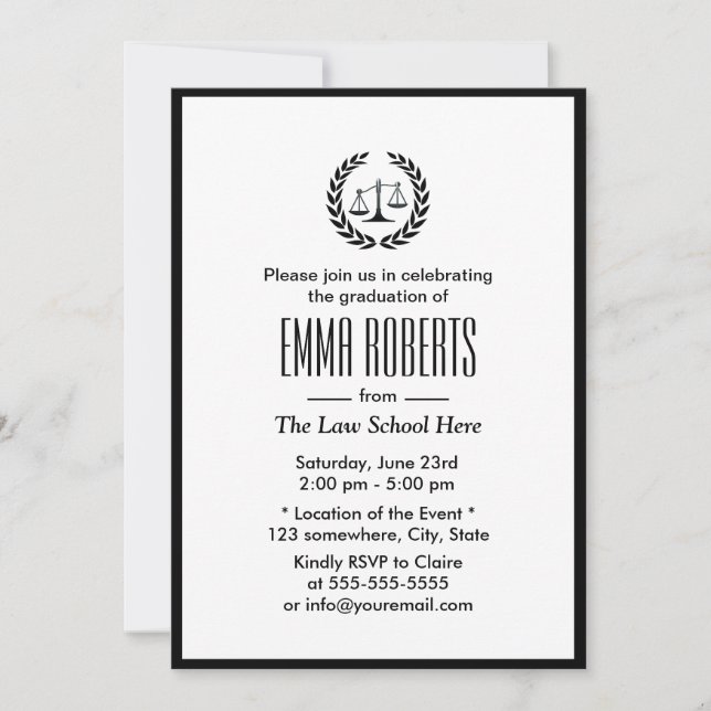 Invitation Law School Simple Plain Black Border Graduation (Devant)
