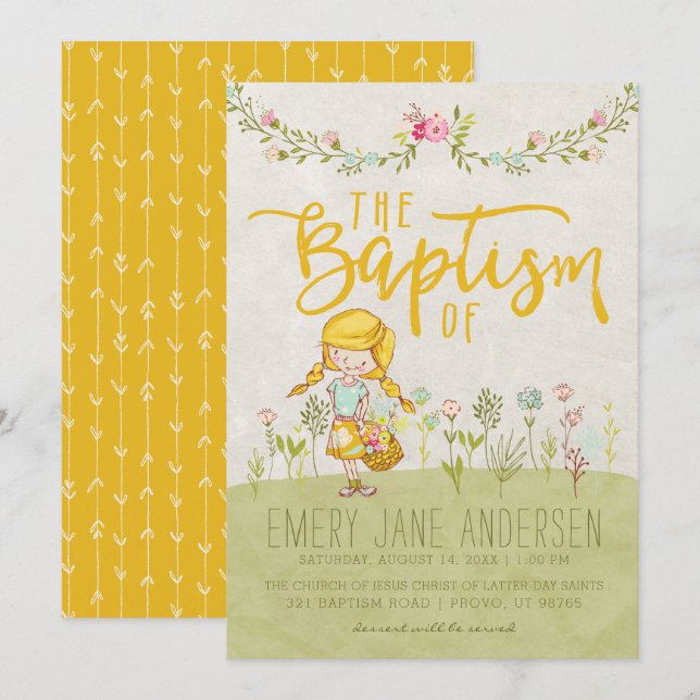 INVITATION LDS BAPTISM | Cute Shabby Floral Girl (Devant / Derrière)