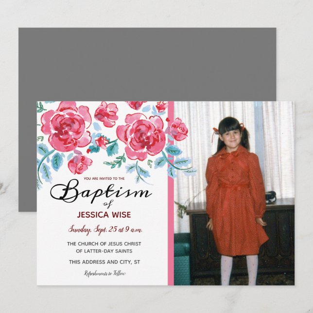 Invitation LDS Baptism Girl Aquarelle Rose Floral (Devant / Derrière)